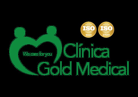 Clinica Gold Medical logo with green heart design and ISO certification badges