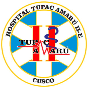 Hospital Tupac Amaru II Cusco logo featuring a red cross and blue geometric segments in a circular seal design