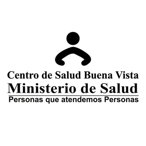 Logo for Centro de Salud Buena Vista, Ministry of Health, showing a stylized figure with arms raised and Spanish text about serving people